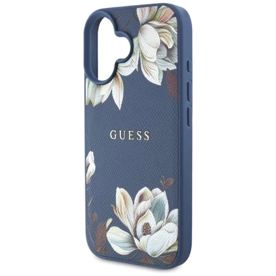 Калъф за iPhone 16 - Guess - Grained Flowers MagSafe (GUHMP16SPGNMPLMB) - Син