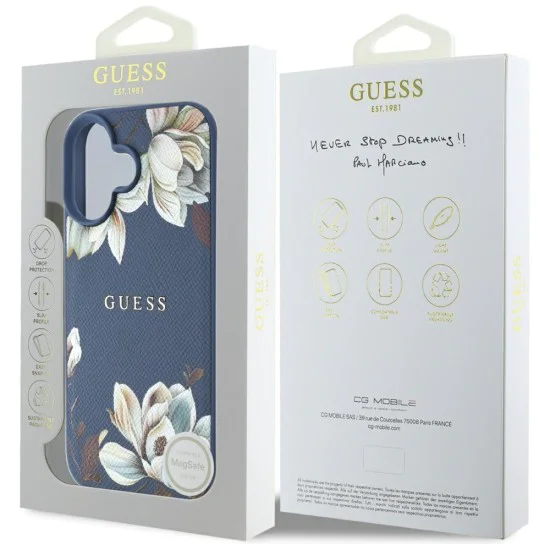 Калъф за iPhone 16 - Guess - Grained Flowers MagSafe (GUHMP16SPGNMPLMB) - Син