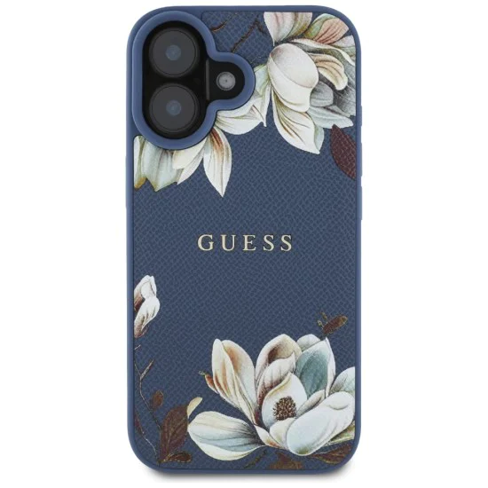 Калъф за iPhone 16 - Guess - Grained Flowers MagSafe (GUHMP16SPGNMPLMB) - Син