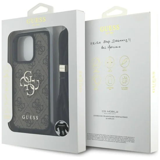 Калъф за iPhone 16 Pro Max - Guess - Hardcase 4G Big Logo with Cord Strap (GUHCP16XP4GMGCRW) - Brown