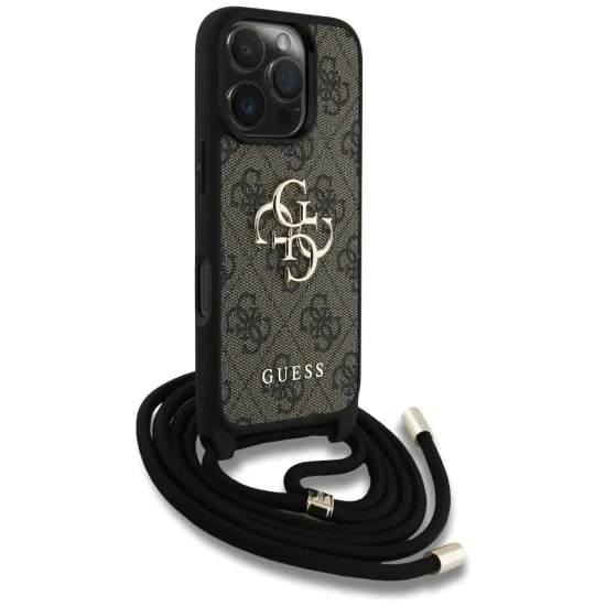 Калъф за iPhone 16 Pro Max - Guess - Hardcase 4G Big Logo with Cord Strap (GUHCP16XP4GMGCRW) - Brown