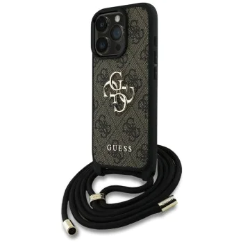 Калъф за iPhone 16 Pro - Guess - Hardcase 4G Big Logo with Cord Strap (GUHCP16LP4GMGCRW) - Brown