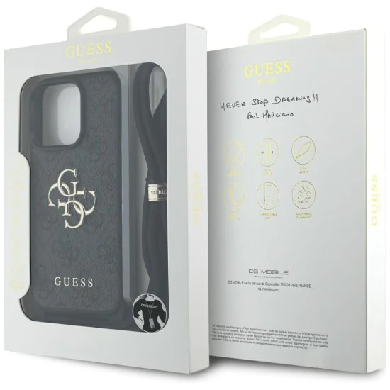 Калъф за iPhone 16 Pro - Guess - Hardcase 4G Big Logo with Cord Strap (GUHCP16LP4GMGCRK) - Черен