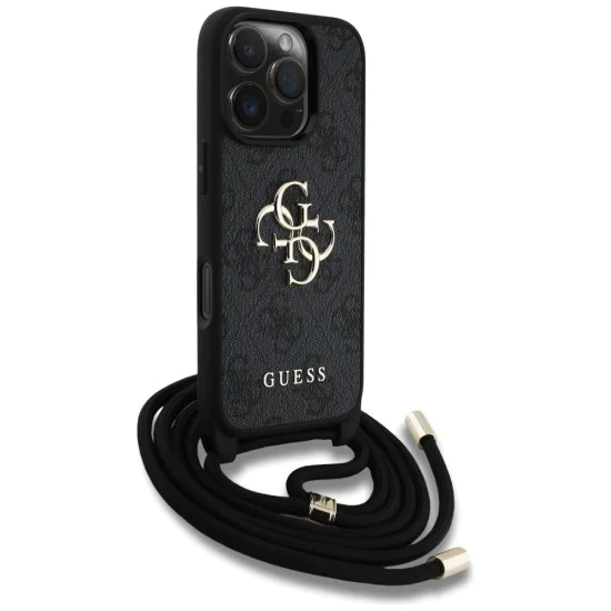 Калъф за iPhone 16 Pro - Guess - Hardcase 4G Big Logo with Cord Strap (GUHCP16LP4GMGCRK) - Черен