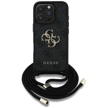 Калъф за iPhone 16 Pro - Guess - Hardcase 4G Big Logo with Cord Strap (GUHCP16LP4GMGCRK) - Черен