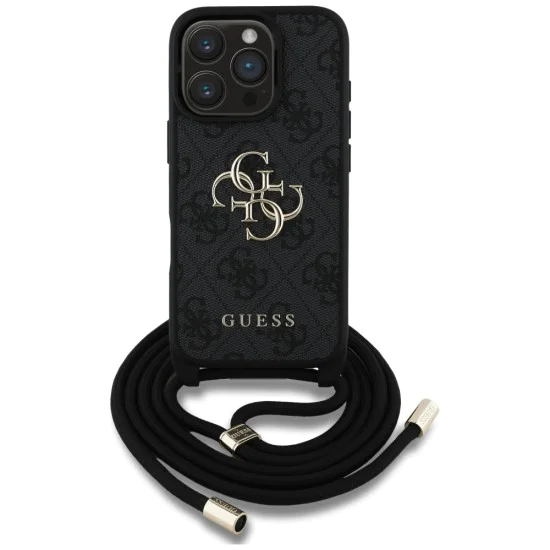Калъф за iPhone 16 Pro - Guess - Hardcase 4G Big Logo with Cord Strap (GUHCP16LP4GMGCRK) - Черен