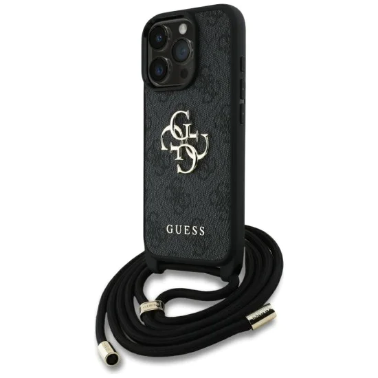 Калъф за iPhone 16 Pro - Guess - Hardcase 4G Big Logo with Cord Strap (GUHCP16LP4GMGCRK) - Черен