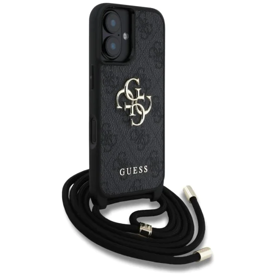 Калъф за iPhone 16 - Guess - Hardcase 4G Big Logo with Cord Strap (GUHCP16SP4GMGCRK) - Черен