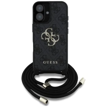 Калъф за iPhone 16 - Guess - Hardcase 4G Big Logo with Cord Strap (GUHCP16SP4GMGCRK) - Черен