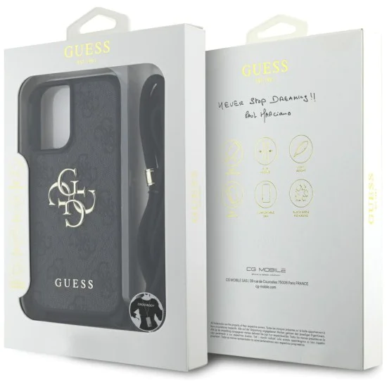 Калъф за iPhone 16 - Guess - Hardcase 4G Big Logo with Cord Strap (GUHCP16SP4GMGCRK) - Черен