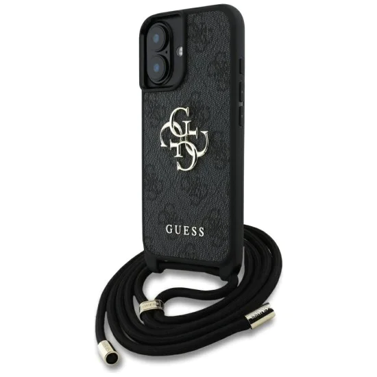 Калъф за iPhone 16 - Guess - Hardcase 4G Big Logo with Cord Strap (GUHCP16SP4GMGCRK) - Черен
