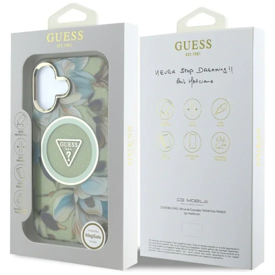 Калъф за iPhone 16 - Guess - IML Metal Glitter Flowers Triangle MagSafe (GUHMP16SHFLPEDN) - Зелен