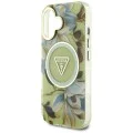 Калъф за iPhone 16 - Guess - IML Metal Glitter Flowers Triangle MagSafe (GUHMP16SHFLPEDN) - Зелен