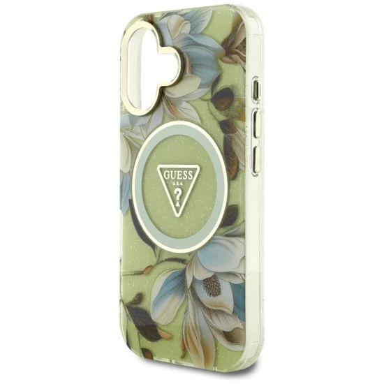 Калъф за iPhone 16 - Guess - IML Metal Glitter Flowers Triangle MagSafe (GUHMP16SHFLPEDN) - Зелен