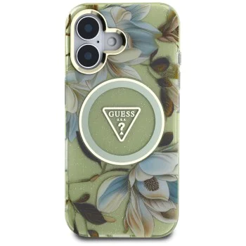 Калъф за iPhone 16 - Guess - IML Metal Glitter Flowers Triangle MagSafe (GUHMP16SHFLPEDN) - Зелен