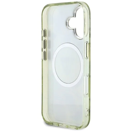 Калъф за iPhone 16 - Guess - IML Metal Glitter Flowers Triangle MagSafe (GUHMP16SHFLPEDN) - Зелен