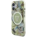 Калъф за iPhone 16 - Guess - IML Metal Glitter Flowers Triangle MagSafe (GUHMP16SHFLPEDN) - Зелен
