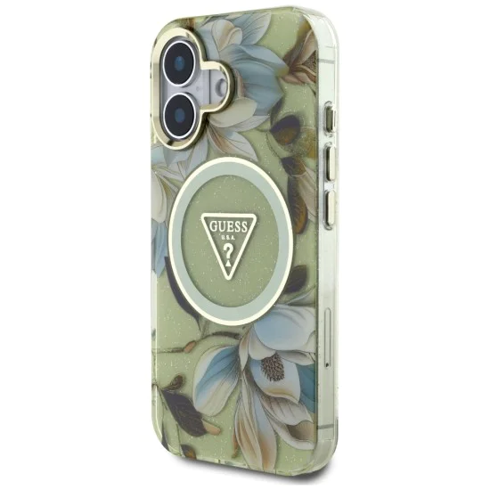 Калъф за iPhone 16 - Guess - IML Metal Glitter Flowers Triangle MagSafe (GUHMP16SHFLPEDN) - Зелен