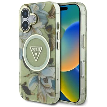 Калъф за iPhone 16 - Guess - IML Metal Glitter Flowers Triangle MagSafe (GUHMP16SHFLPEDN) - Зелен