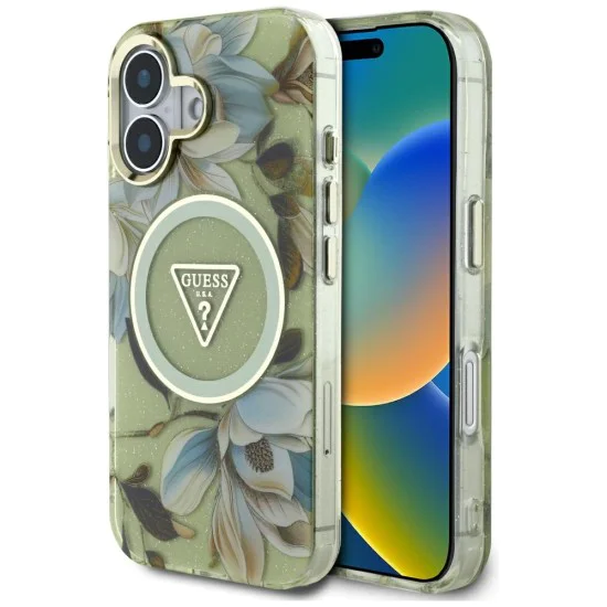 Калъф за iPhone 16 - Guess - IML Metal Glitter Flowers Triangle MagSafe (GUHMP16SHFLPEDN) - Зелен