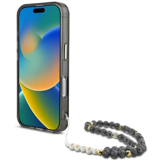 Калъф за iPhone 16 - Guess - IML Palm Trees Triangle with Pearl Strap MagSafe (GUHMP16SHPCTPLSK) - Черен