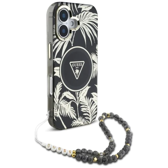 Калъф за iPhone 16 - Guess - IML Palm Trees Triangle with Pearl Strap MagSafe (GUHMP16SHPCTPLSK) - Черен