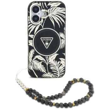 Калъф за iPhone 16 - Guess - IML Palm Trees Triangle with Pearl Strap MagSafe (GUHMP16SHPCTPLSK) - Черен
