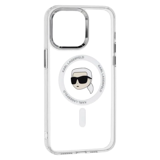 Калъф за iPhone 15 Pro - Karl Lagerfeld - IML MagSafe (KLHMP15LHLSKIH) - Бял метал Karl`s Head