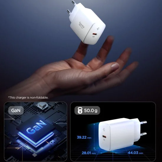 Зарядно устройство – Spigen Wall Charger Essential (EE201EU), Type-C, GaN, Fast Charging, PD20W, Quantum Boost – Бяло