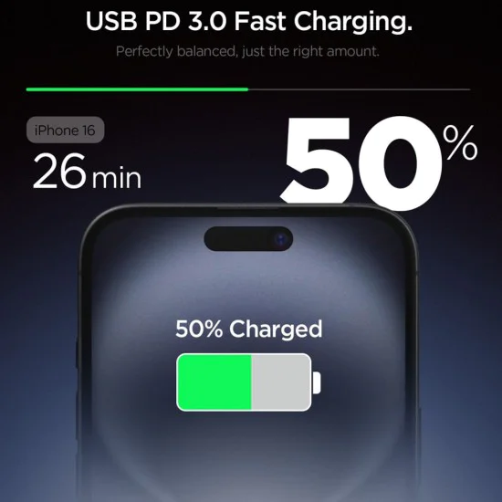 Зарядно устройство – Spigen Wall Charger Essential (EE201EU), Type-C, GaN, Fast Charging, PD20W, Quantum Boost – Бяло