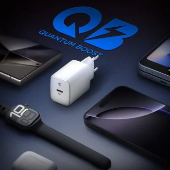 Зарядно устройство – Spigen Wall Charger Essential (EE201EU), Type-C, GaN, Fast Charging, PD20W, Quantum Boost – Бяло