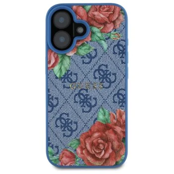 Калъф за iPhone 16 - Guess Hardcase 4G Flower Print Flower Print MagSafe (GUHMP16SP4ROPEMCB) - Син
