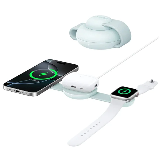 Аксесоар за iPhone 15/16 - Anker - Безжично зарядно MagGo 3-in-1 (B25M8H61) - Зелен