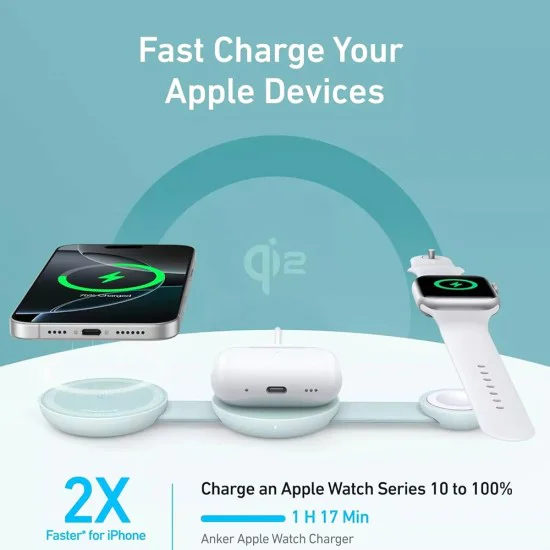 Аксесоар за iPhone 15/16 - Anker - Безжично зарядно MagGo 3-in-1 (B25M8H61) - Зелен