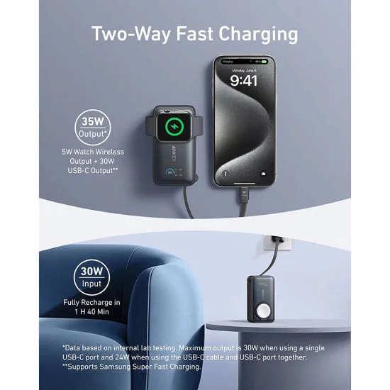 Power Bank A1657H11 – Anker MagGo, за Apple Watch, 10000mAh, бързо зареждане, Qi2 35W – черен