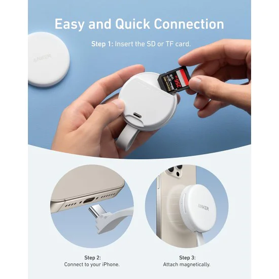 Четец на карти A83D1G21 – Четец на карти с памет Anker MagGo, USB-C адаптер, MagSafe, 312 MB/s – Бял