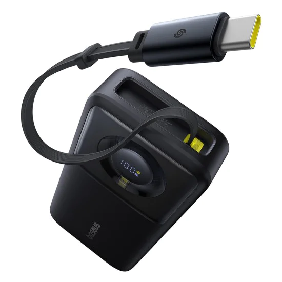 Baseus - Външна батерия Free2Pull (P10073700123-00) - с прибиращ се USB-C кабел, Type-C, дисплей, 20000mAh, 65W, 0.7 м - Черна