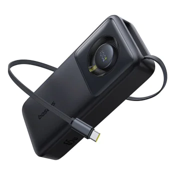 Baseus - Външна батерия Free2Pull (P10073700123-00) - с прибиращ се USB-C кабел, Type-C, дисплей, 20000mAh, 65W, 0.7 м - Черна