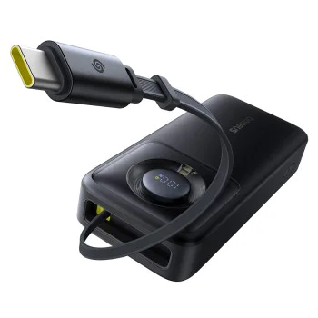 Baseus - Външна батерия Free2Pull (P10073700123-00) - с прибиращ се USB-C кабел, Type-C, дисплей, 20000mAh, 65W, 0.7 м - Черна