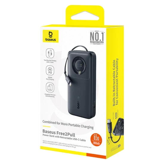 Baseus - Външна батерия Free2Pull (P10073700123-00) - с прибиращ се USB-C кабел, Type-C, дисплей, 20000mAh, 65W, 0.7 м - Черна