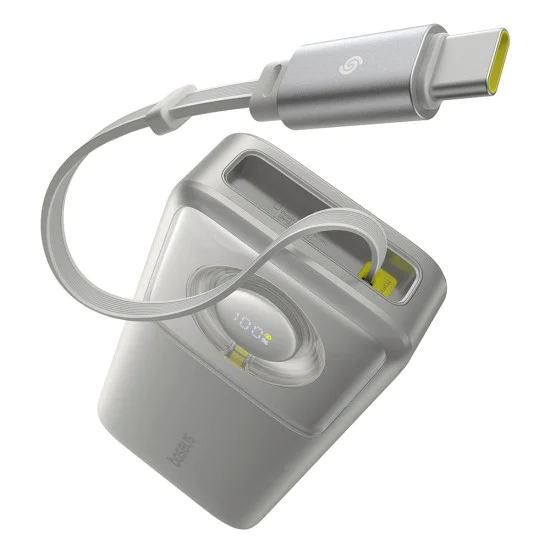Baseus - Външна батерия Free2Pull (P10073700843-00) - с прибиращ се USB-C кабел, Type-C, дисплей, 20000mAh, 65W, 0.7 м - сива