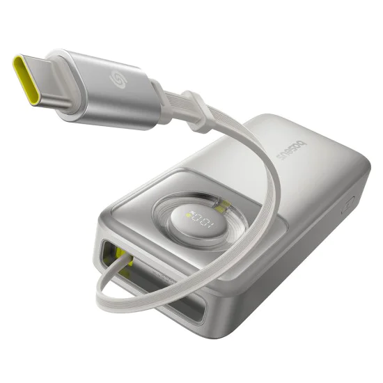 Baseus - Външна батерия Free2Pull (P10073700843-00) - с прибиращ се USB-C кабел, Type-C, дисплей, 20000mAh, 65W, 0.7 м - сива