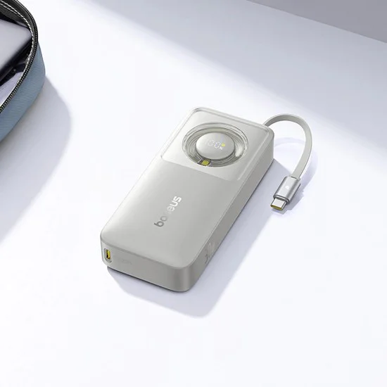 Baseus - Външна батерия Free2Pull (P10073701843-00) - с прибиращ се USB-C кабел, Type-C, дисплей, 10000mAh, 30W, 0.7 м - сива