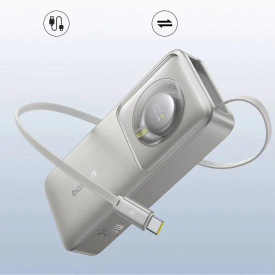 Baseus - Външна батерия Free2Pull (P10073701843-00) - с прибиращ се USB-C кабел, Type-C, дисплей, 10000mAh, 30W, 0.7 м - сива