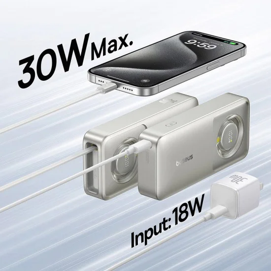 Baseus - Външна батерия Free2Pull (P10073701843-00) - с прибиращ се USB-C кабел, Type-C, дисплей, 10000mAh, 30W, 0.7 м - сива