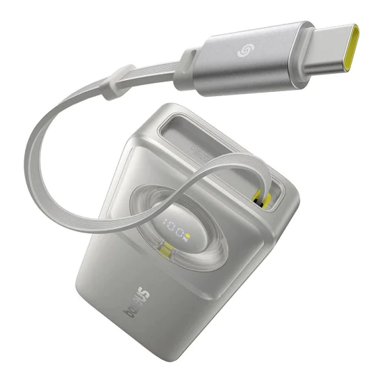 Baseus - Външна батерия Free2Pull (P10073701843-00) - с прибиращ се USB-C кабел, Type-C, дисплей, 10000mAh, 30W, 0.7 м - сива