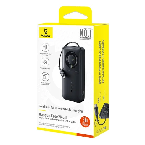 Baseus - Външна батерия Free2Pull (P10073701123-00) - с прибиращ се USB-C кабел, Type-C, дисплей, 10000mAh, 30W, 0.7 м - Черна