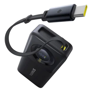 Baseus - Външна батерия Free2Pull (P10073701123-00) - с прибиращ се USB-C кабел, Type-C, дисплей, 10000mAh, 30W, 0.7 м - Черна