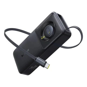 Baseus - Външна батерия Free2Pull (P10073701123-00) - с прибиращ се USB-C кабел, Type-C, дисплей, 10000mAh, 30W, 0.7 м - Черна