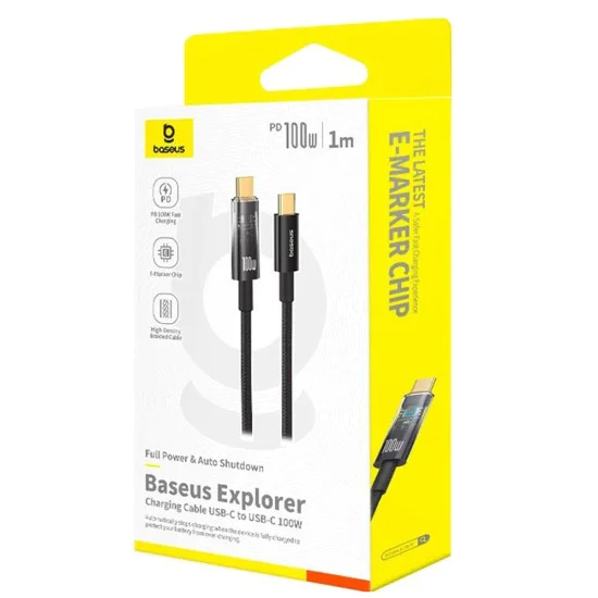 Baseus - Кабел за данни Explorer (P10319703111-00) - Type-C, Бързо зареждане, 100W, с автоматично изключване, Найлон, 1 м - Черен